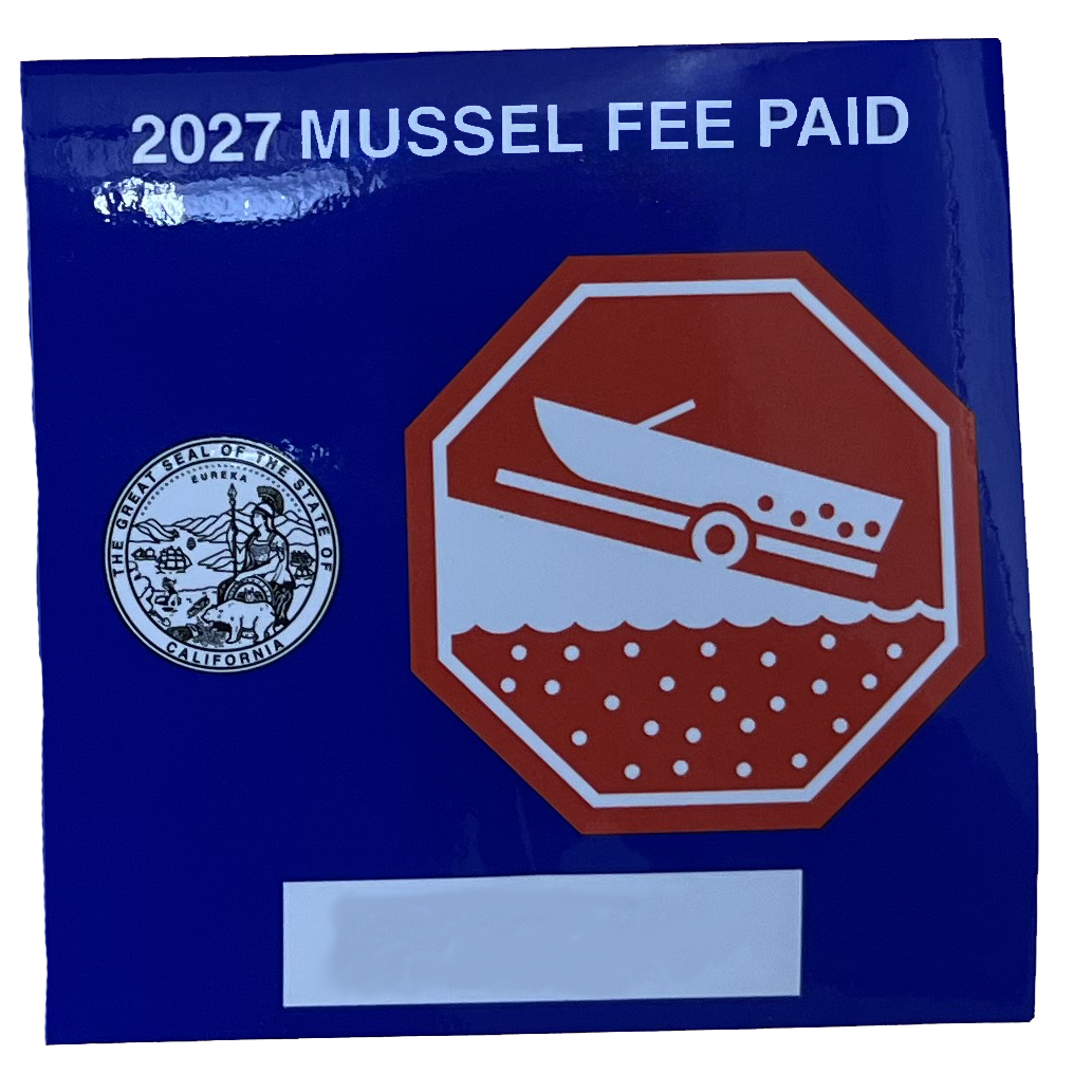 A sticker indicating "2027 MUSSEL FEE PAID" with a design featuring a boat and water, alongside the California state seal.