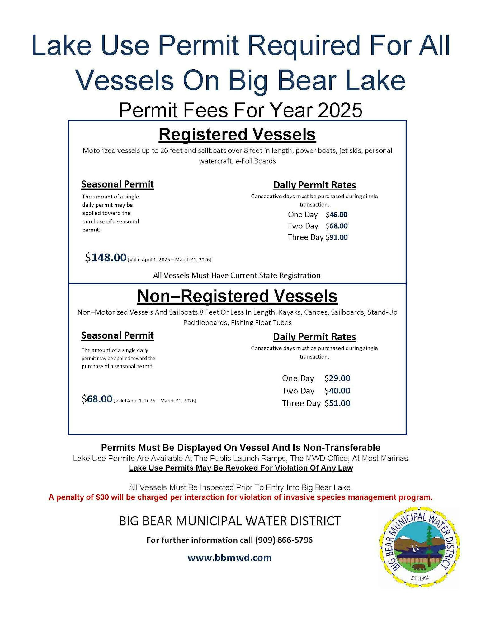Permit fees for vessels on Big Bear Lake in 2025. Details for registered/non-registered vessels, rates, and inspection info.