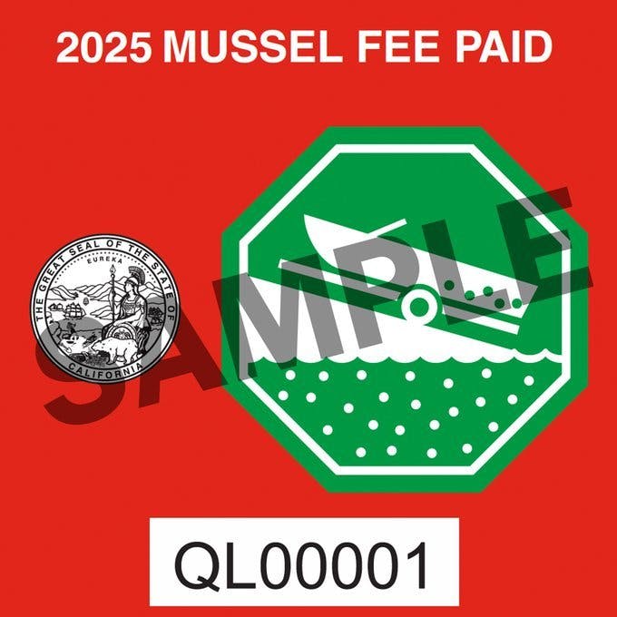 A red sticker reading "2025 MUSSEL FEE PAID" with a green hexagon, a boat illustration, and the California state seal.
