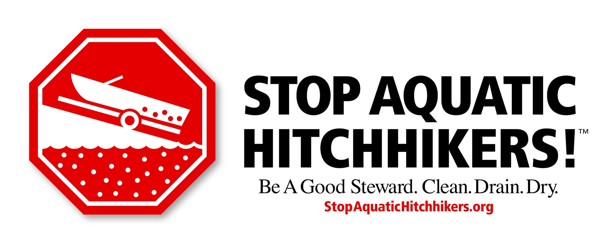 A red and white sign with a boat, promoting the message "STOP AQUATIC HITCHHIKERS!" urging environmental stewardship.