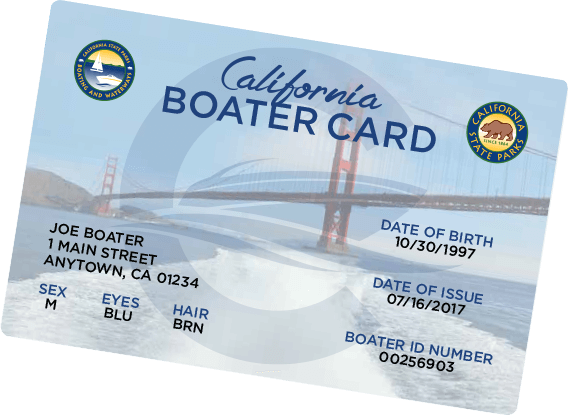 A California Boater Card with a bridge graphic, personal details, and state symbols.