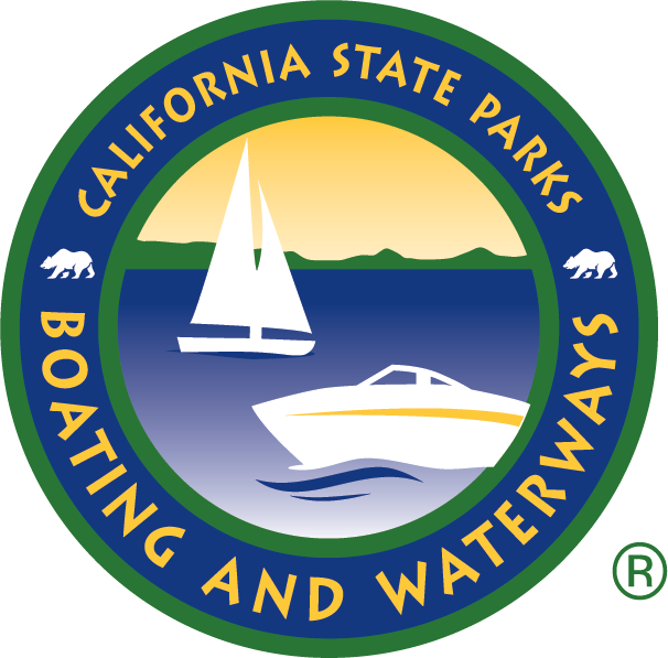 Logo of California State Parks Boating and Waterways with sailboat, powerboat, sun, hills, and bears.