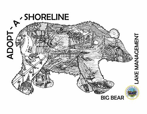 An illustrated bear composed of a map, with text "ADOPT A SHORELINE" and "BIG BEAR LAKE MANAGEMENT".
