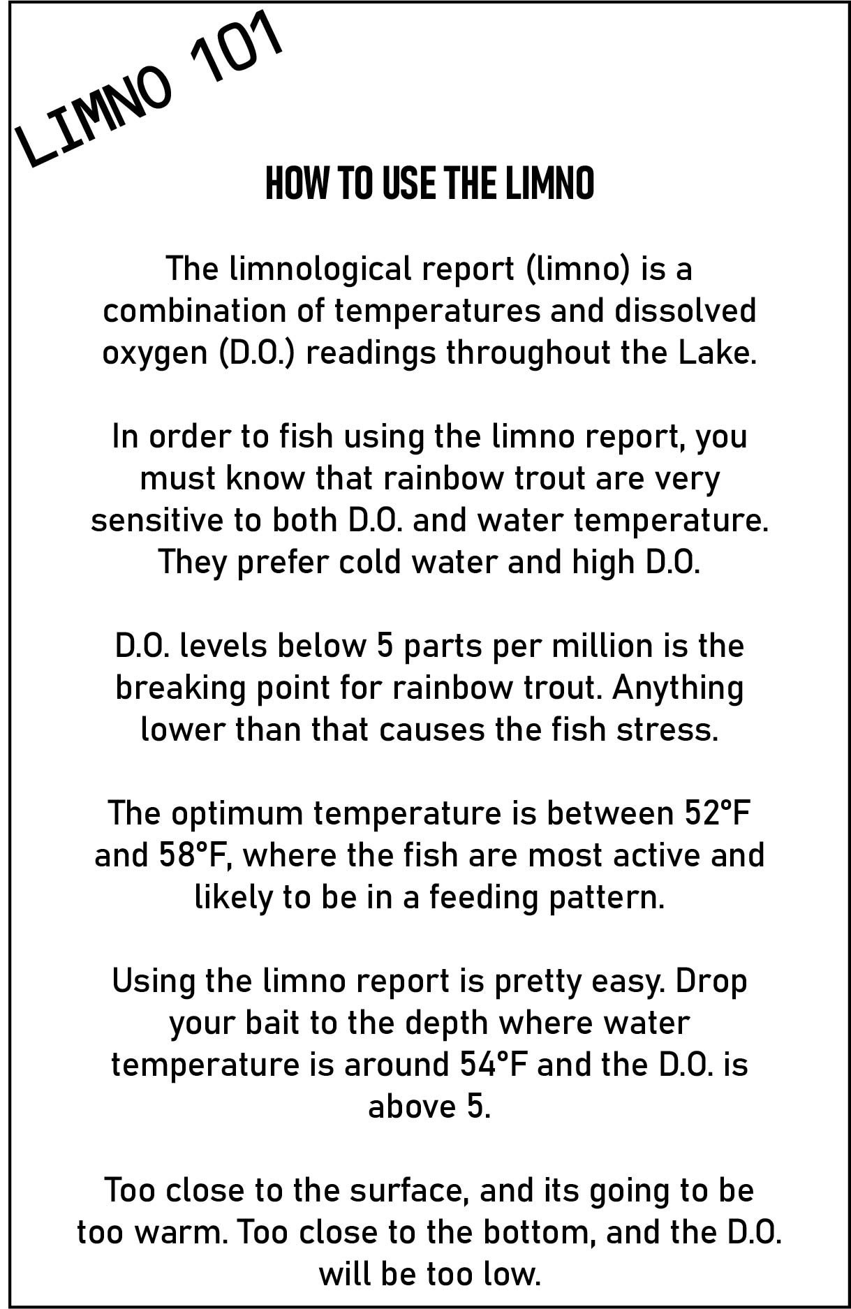 A text document titled "LIMNO 101" with guidelines on how to use the limnological report for fishing, especially for rainbow trout.