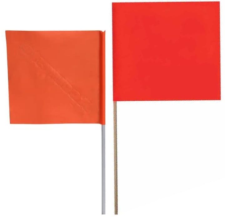 Two plain red flags on poles with different shades and stick materials.