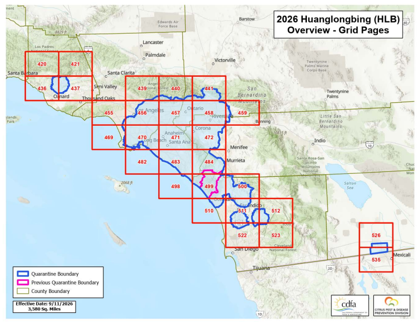 Map showing quarantine and county boundaries for Huanglongbing (HLB) in Southern California, effective 9/11/2026.