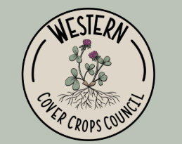 The image depicts a logo for the "Western Cover Crops Council," featuring a plant illustration and roots.