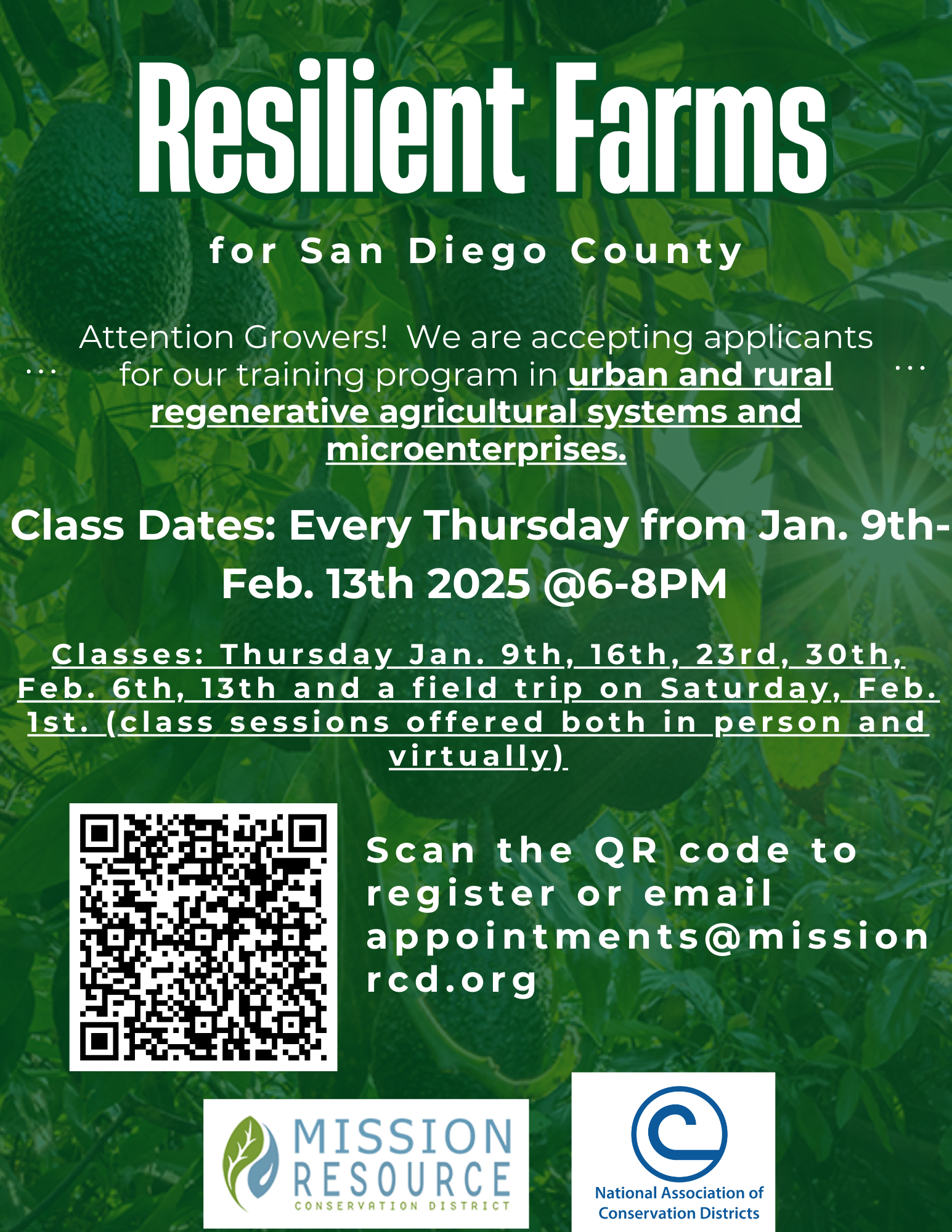 A flyer for "Resilient Farms" training in San Diego, with class dates, a QR code to register, and two logos.