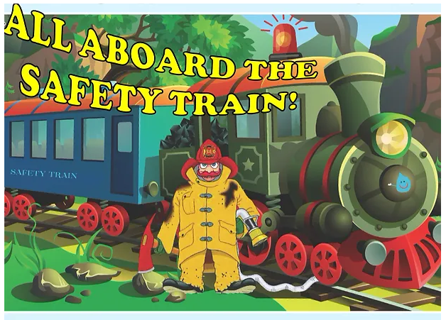 Colorful cartoon of a safety clown next to a green train with the text "All Aboard the Safety Train!"