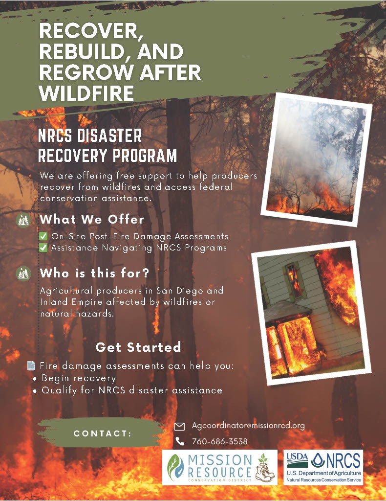 NRCS Disaster Recovery Program flyer offers support for wildfire recovery to agricultural producers with damage assessments and assistance.