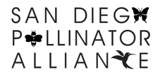 The image features the logo for the San Diego Pollinator Alliance, highlighting pollinators like bees, butterflies, and hummingbirds.
