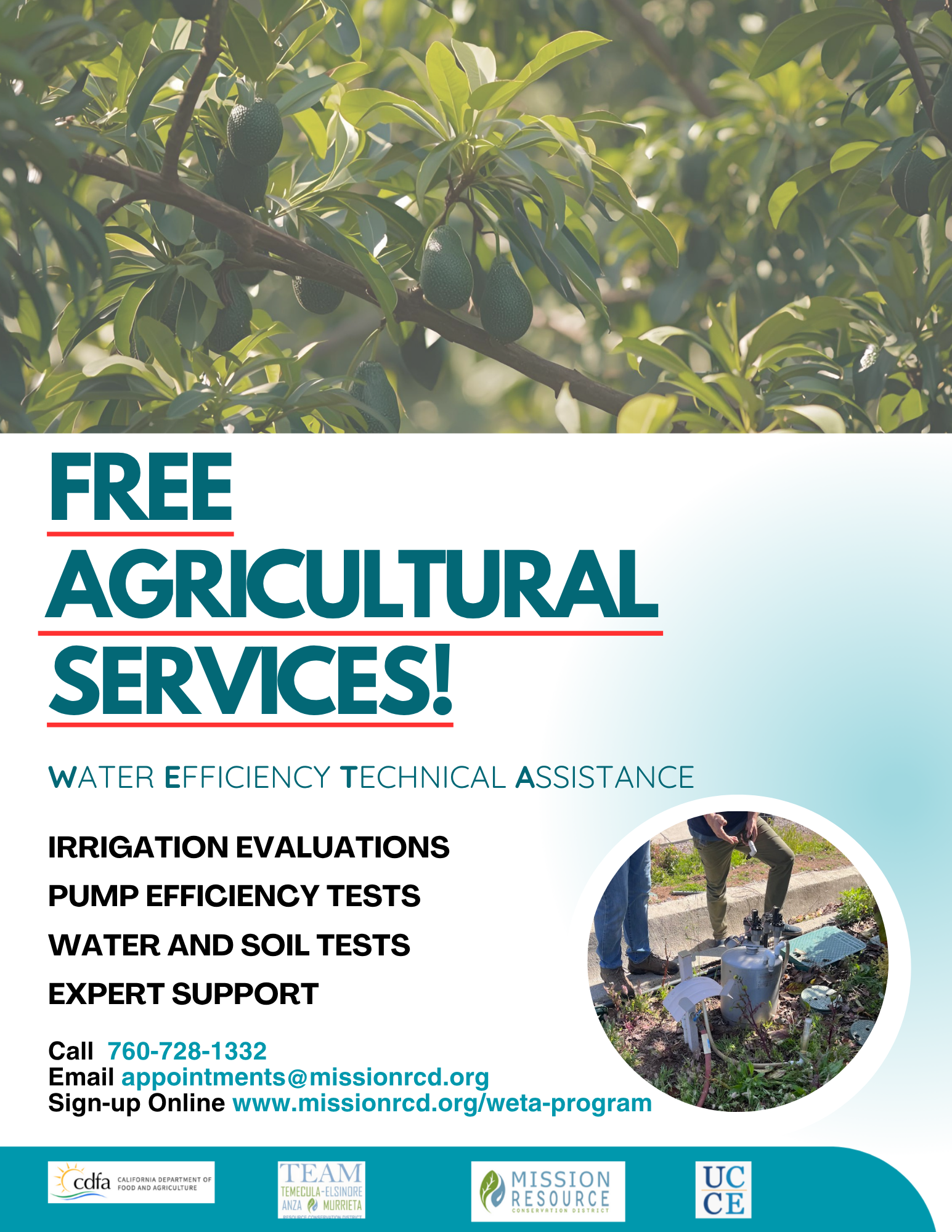 The image promotes free agricultural services including irrigation evaluations, pump tests, and water/soil testing. Contact info is provided.