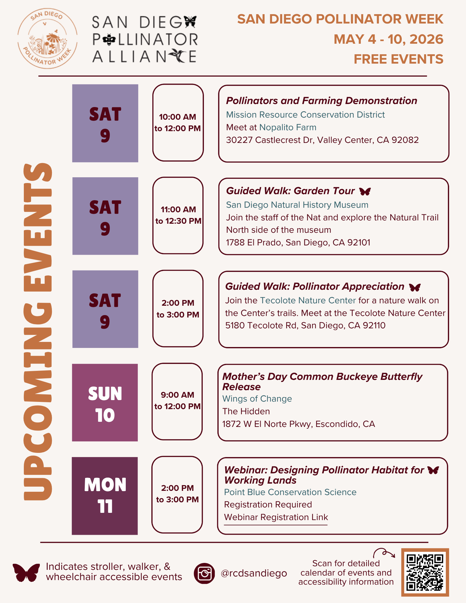 Upcoming events for San Diego Pollinator Week (May 4-10, 2026) include farm demos, guided walks, and a webinar. Free admission!
