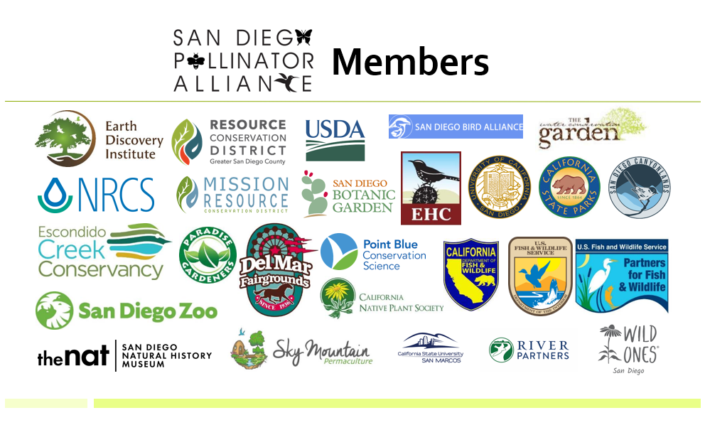 The image features logos of various organizations that are members of the San Diego Pollinator Alliance.
