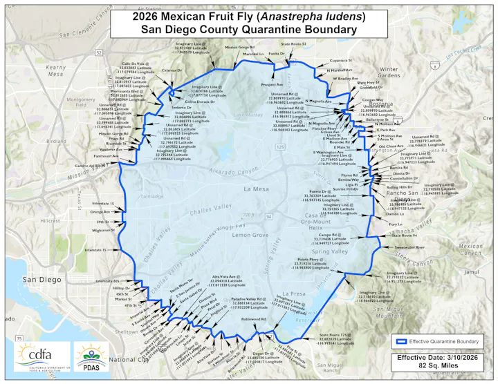 The map outlines the quarantine boundary for the Mexican Fruit Fly in San Diego County, effective March 10, 2026.