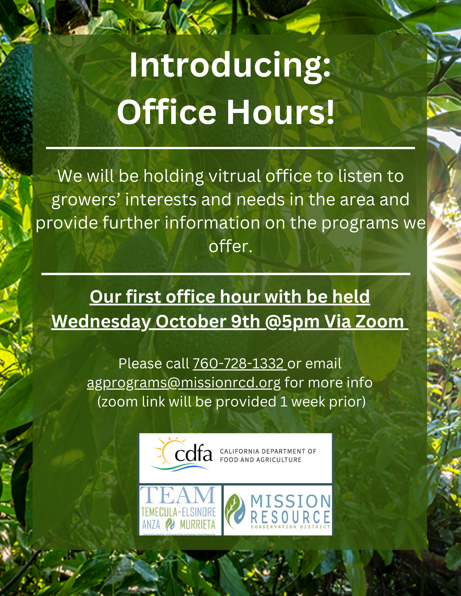 Flyer announcing virtual office hours for growers on October 9th, 5pm via Zoom, with avocados in the background. Contact info provided.