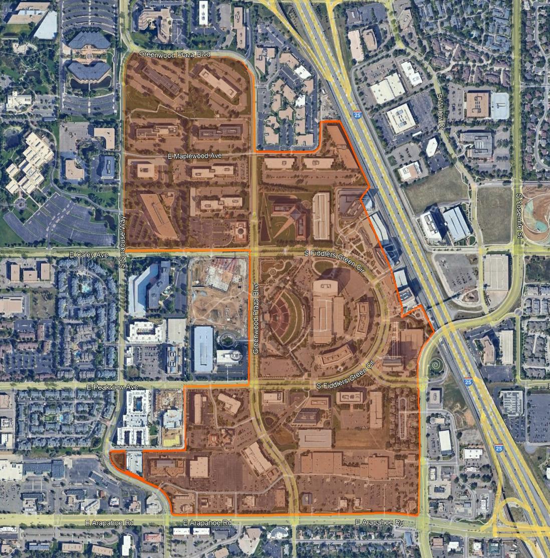 Map showing Spin Program boundaries in a highlighted geofenced zone; southern boundary is Arapahoe Road, eastern boundary is I-25, western boundary is Syracuse Way, northern boundary is Greenwood Plaze Blvd