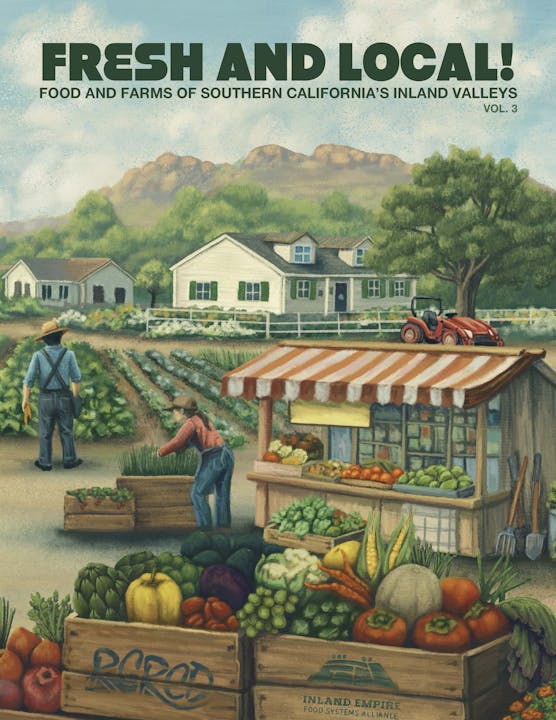 2026 "Fresh and Local!" guide cover: A colorful illustration of a farm scene with people tending crops and a market stall showcasing fresh produce, promoting local food.