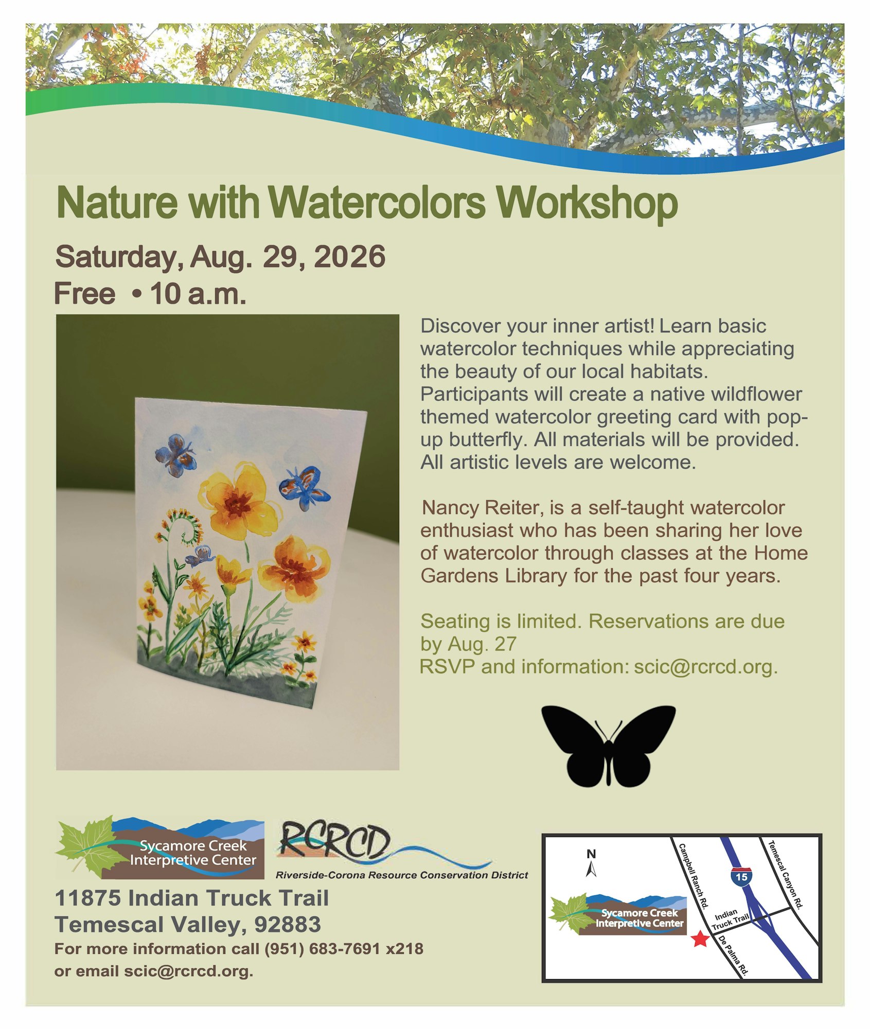 A free watercolor workshop on Aug. 29, 2026, at Sycamore Creek. Create a wildflower card with Nancy Reiter. RSVP by Aug. 27.