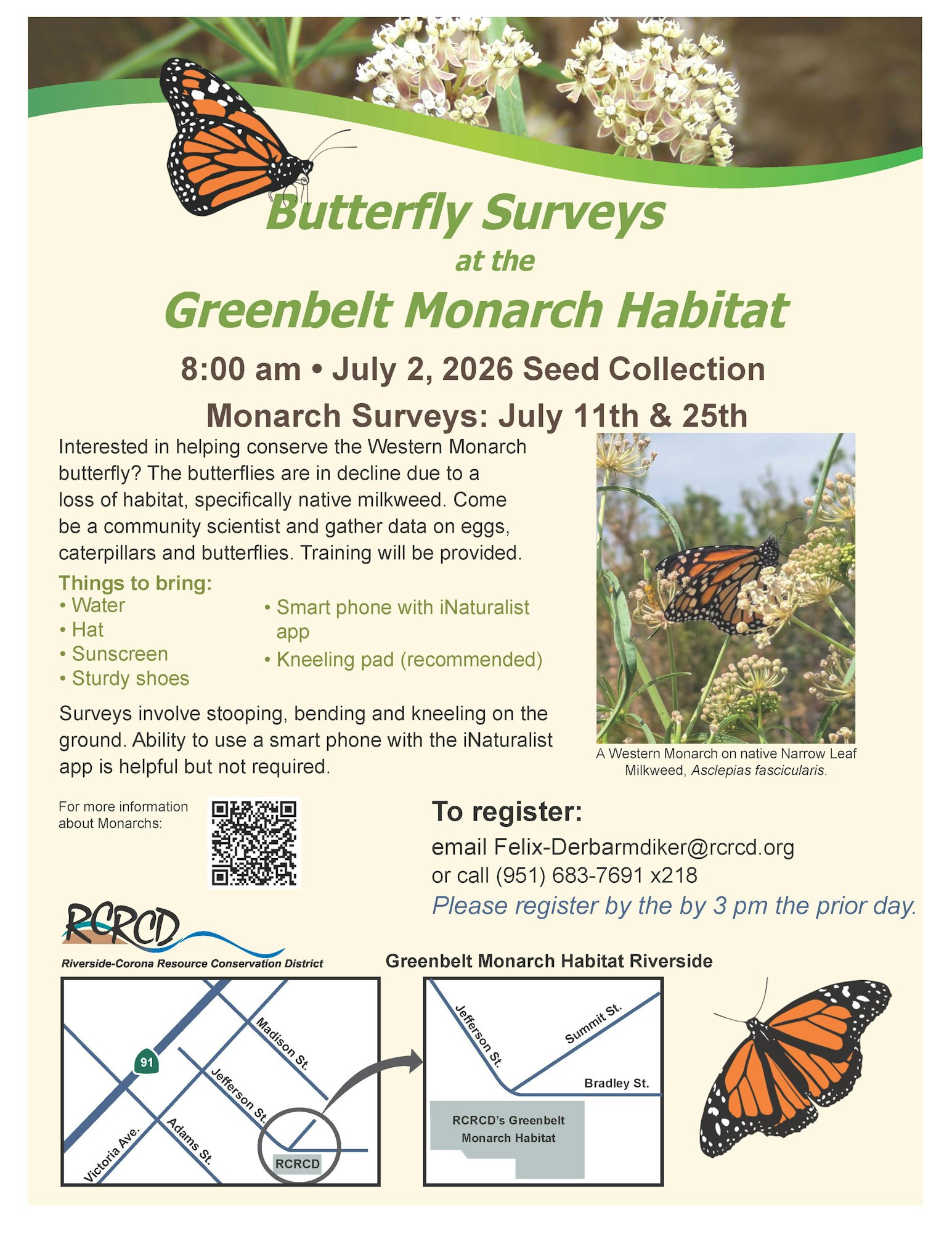 Join butterfly surveys at Greenbelt Monarch Habitat on July 2, 2026. Bring water, hat, and smartphone for data collection.