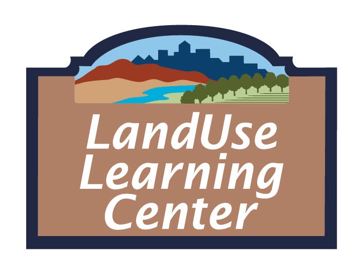 Logo with text: "LandUse Learning Center," featuring a landscape with hills, river, trees, and a skyline.