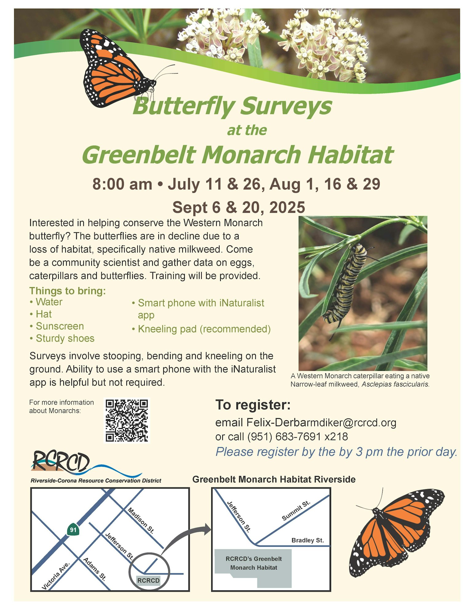 Butterfly surveys at Greenbelt Monarch Habitat. Dates: July 11 & 26, Aug 1, 16, & 29, Sept 6 & 20, 2025. Registration needed.