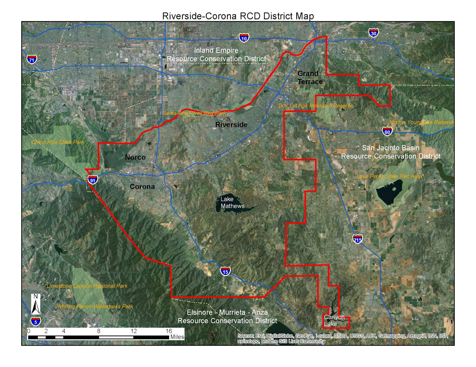 Map of Riverside-Corona RCD District with boundaries, highways, parks, and conservation districts highlighted.