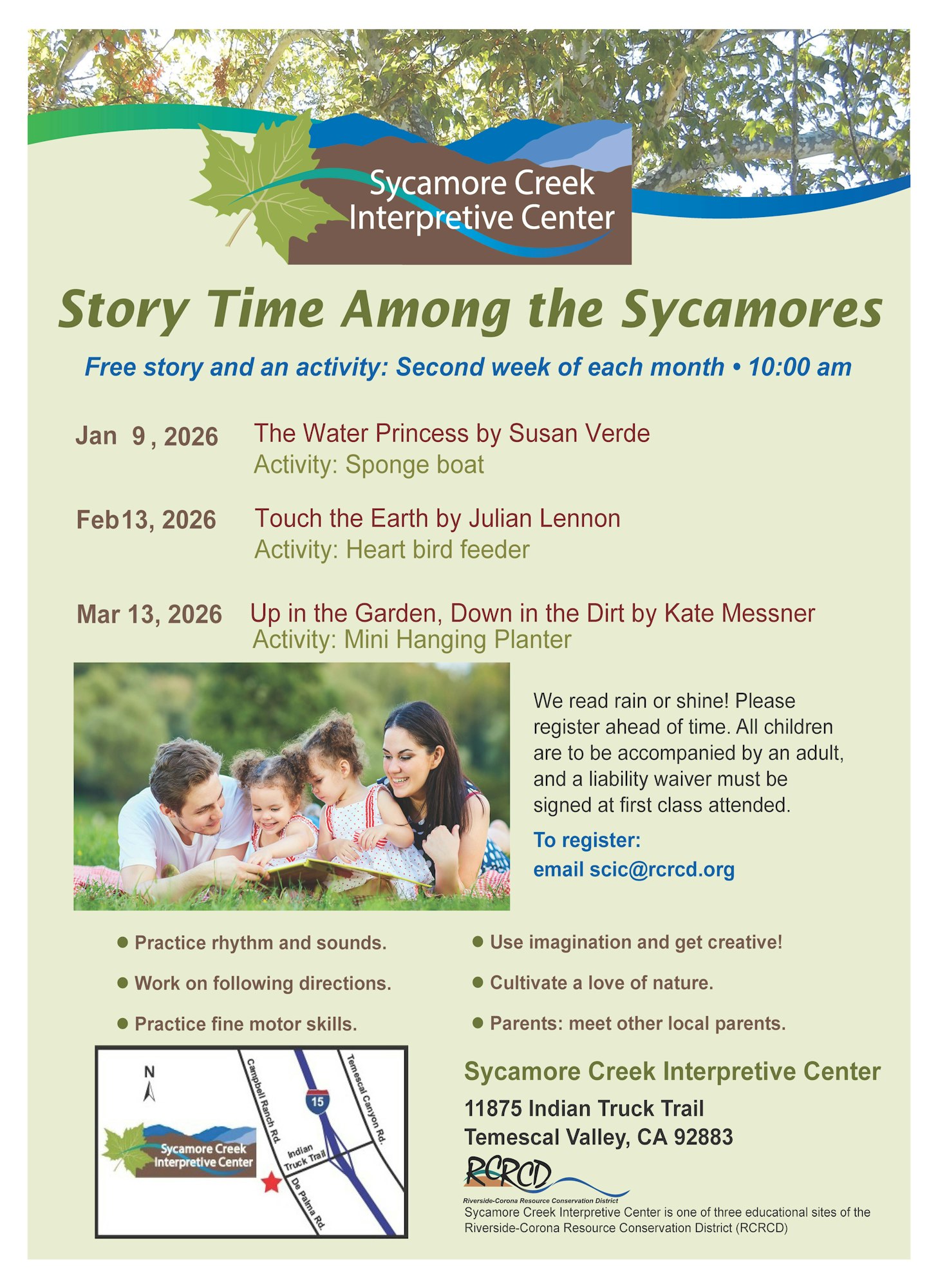 The flyer promotes "Story Time Among the Sycamores" events with free stories and activities for children at Sycamore Creek Interpretive Center.