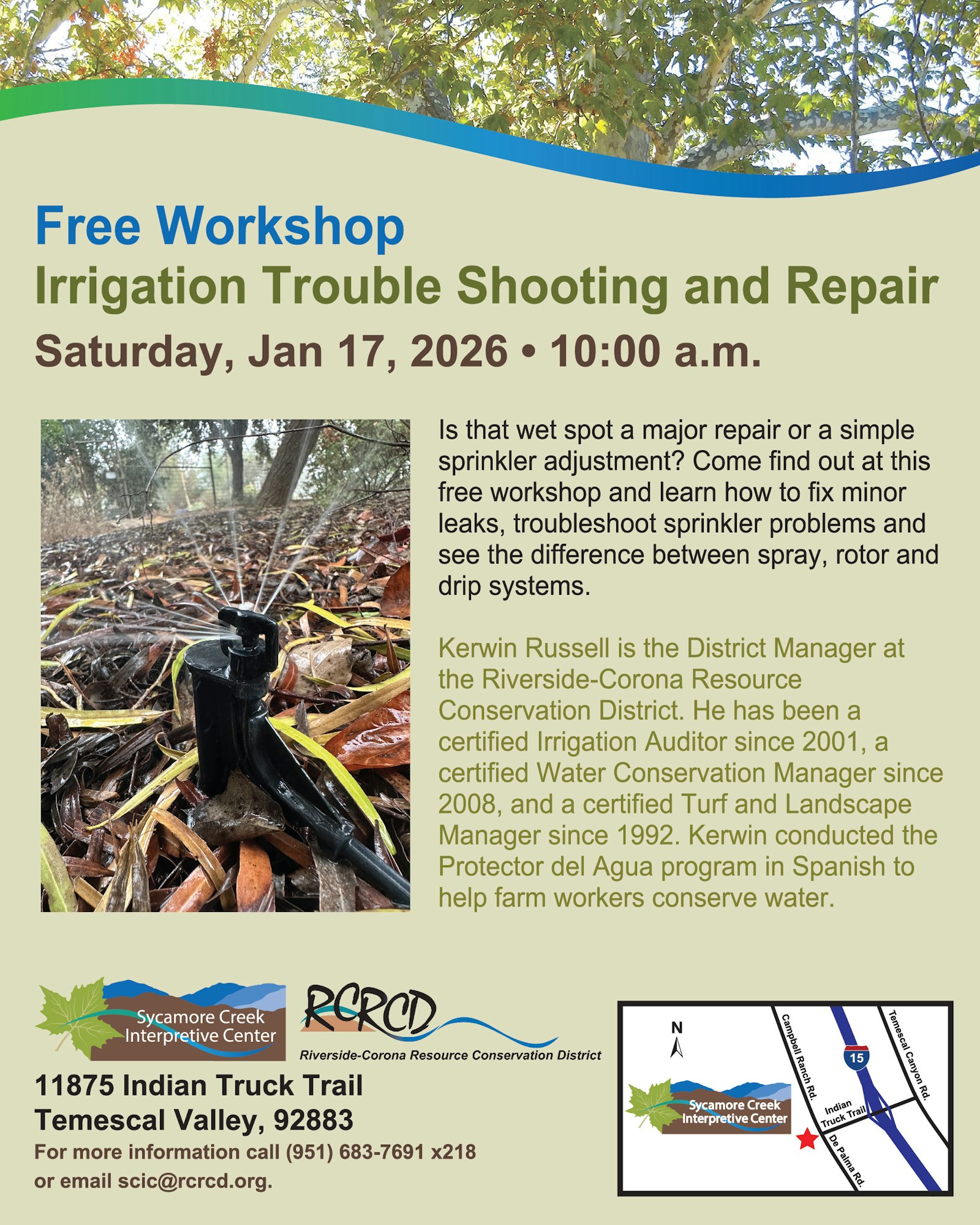 Free workshop on irrigation troubleshooting and repair, January 17, 2026, at 10:00 a.m., Sycamore Creek Interpretive Center.