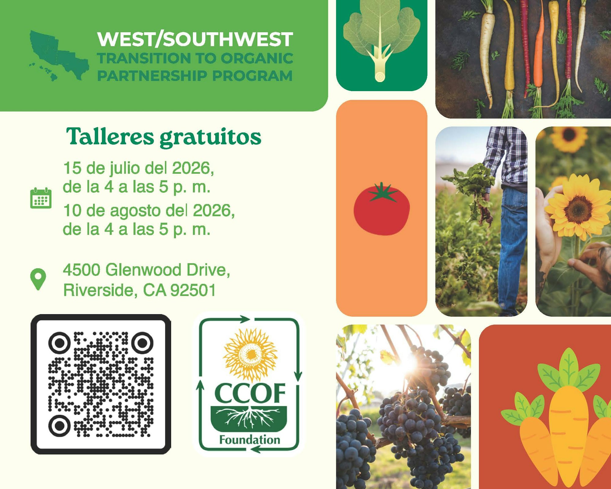 The image promotes free workshops on organic farming in Riverside, CA, scheduled for July 15 and August 10, 2026.