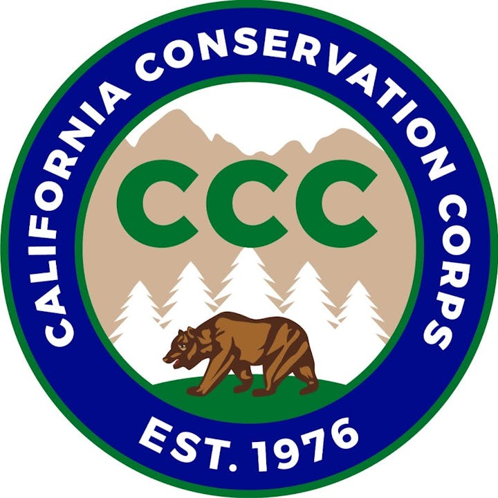 California Conservation Corps logo featuring mountains, trees, and a bear. Established 1976.