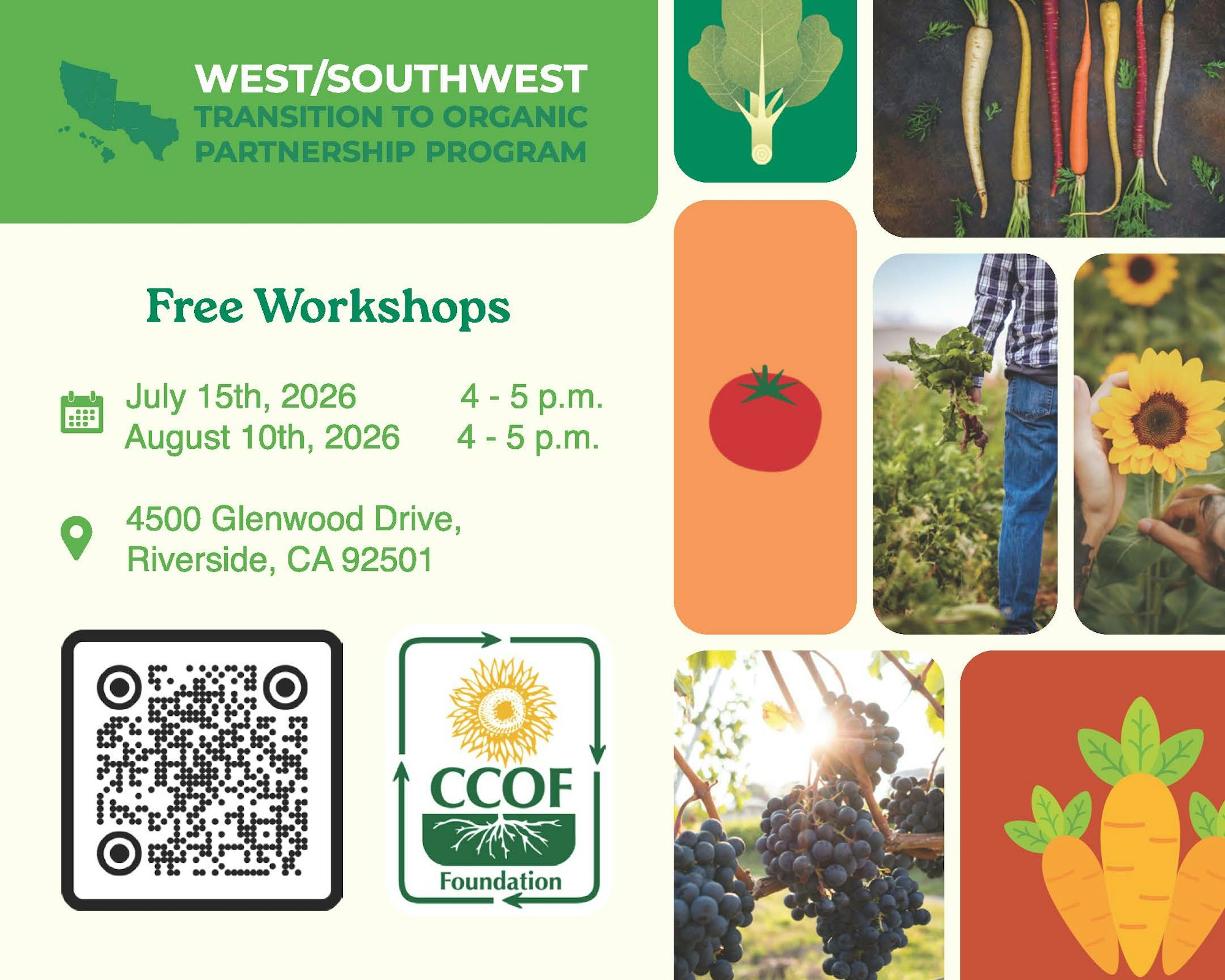 Promoting free workshops on organic farming in Riverside, CA, on July 15 and August 10, 2026, from 4-5 p.m.