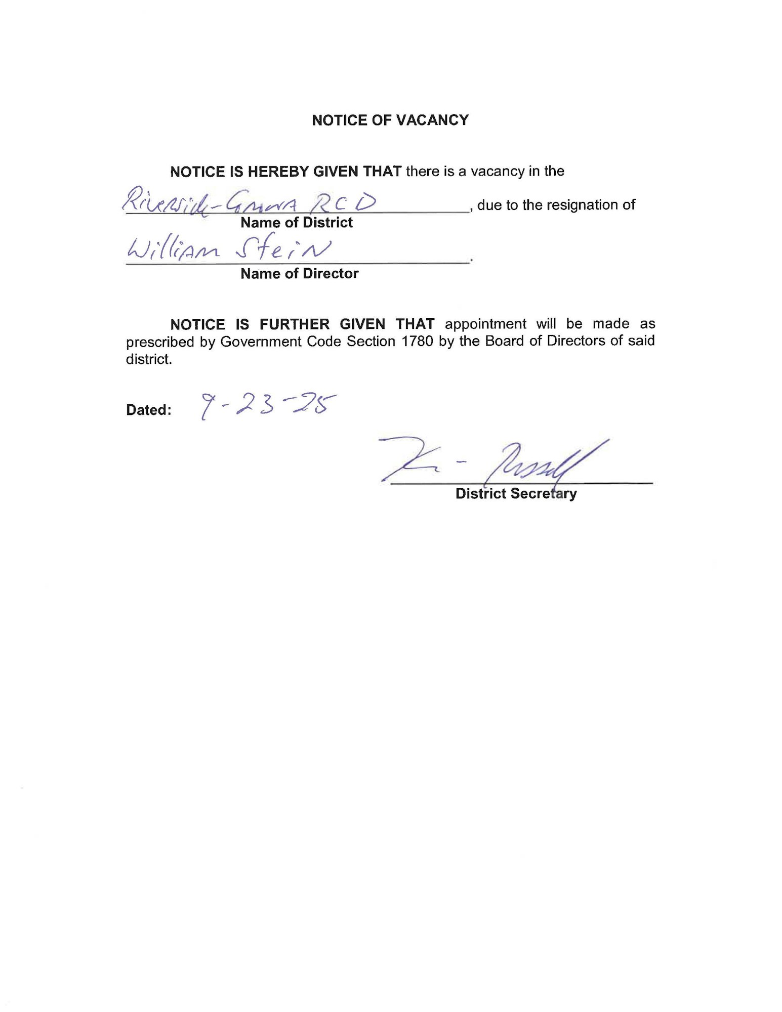 Notice of vacancy due to director's resignation in Riverside-Carva RCD, dated 9-23-25, signed by district secretary.