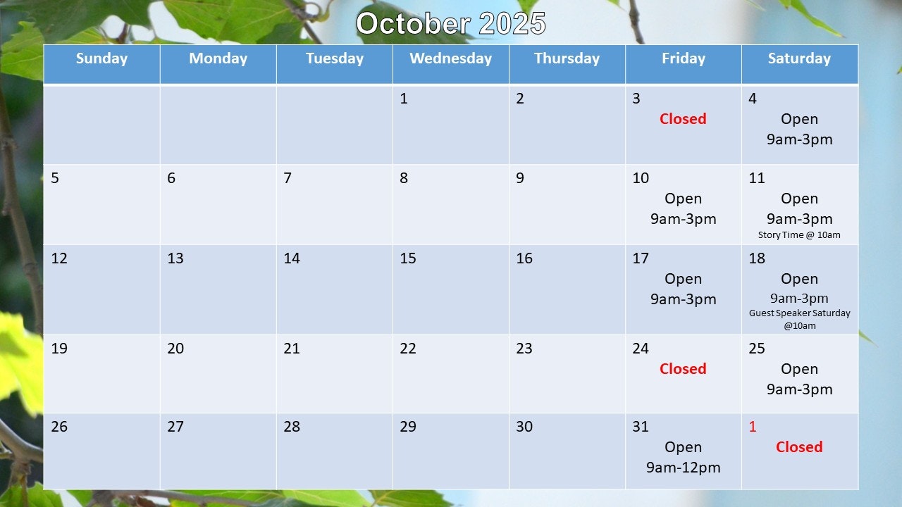 October 2025 calendar with open/closed times: Closed on 3, 24, 31. Open hours vary. Events on 11, 18.