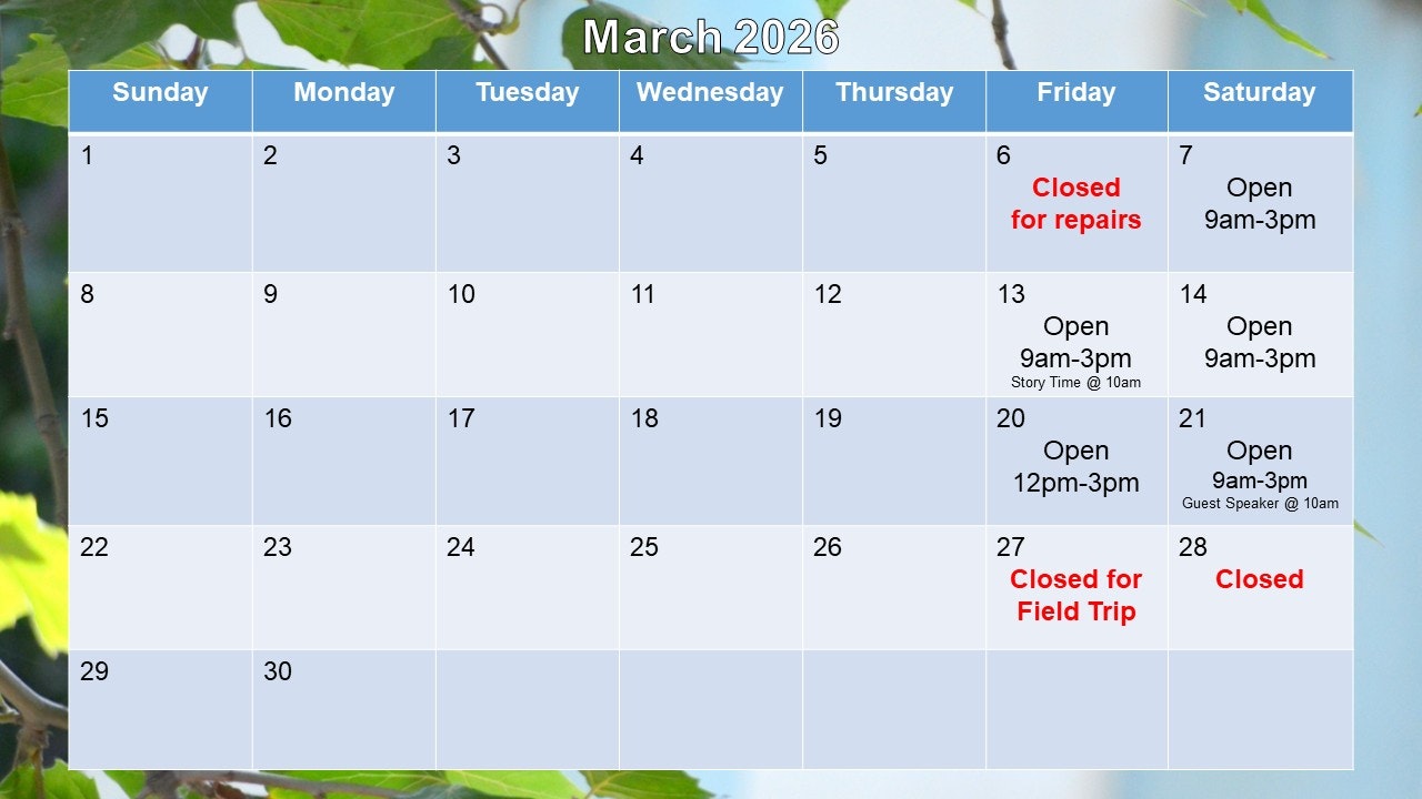 A calendar for March 2026 showing specific opening hours and closures, including events like story time and a guest speaker.