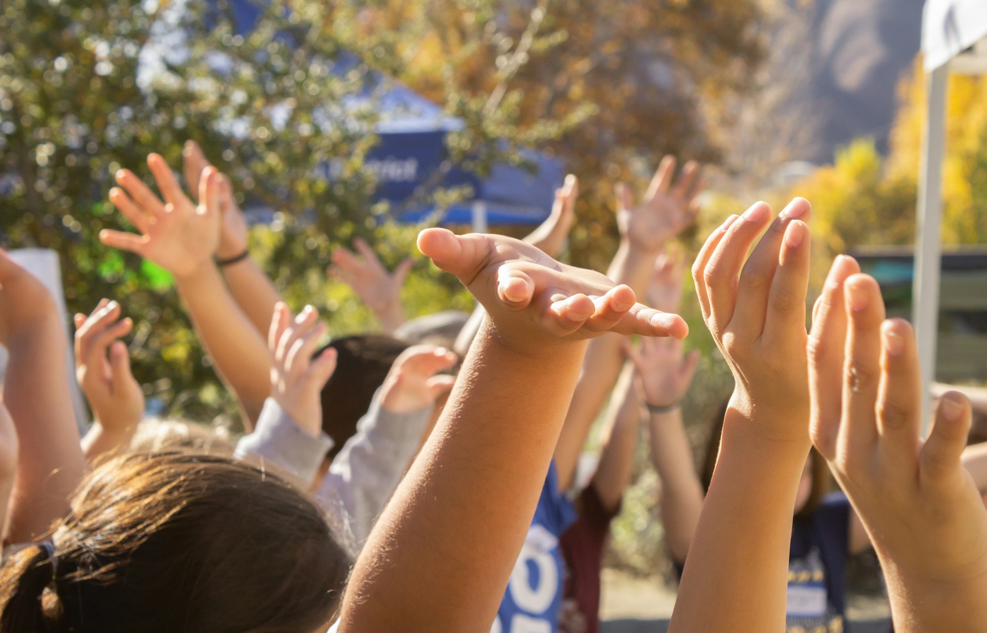 Image of students outside with their hands in the air.