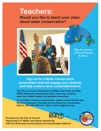 Flyer about Corona Water Education Program with picture of students raising their hands during a presentation.