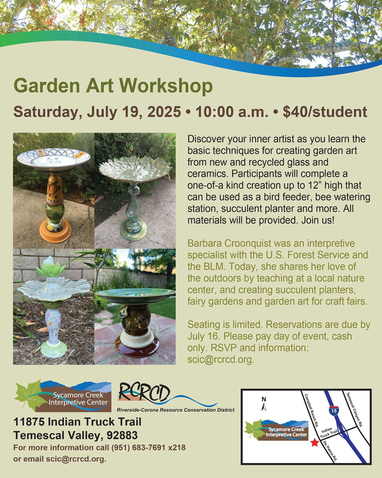 Garden Art Workshop flyer for July 19, 2025, at Sycamore Creek Interpretive Center, featuring recycled glass art creation.