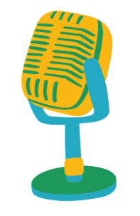 Cartoon-style yellow and green vintage microphone on a stand.