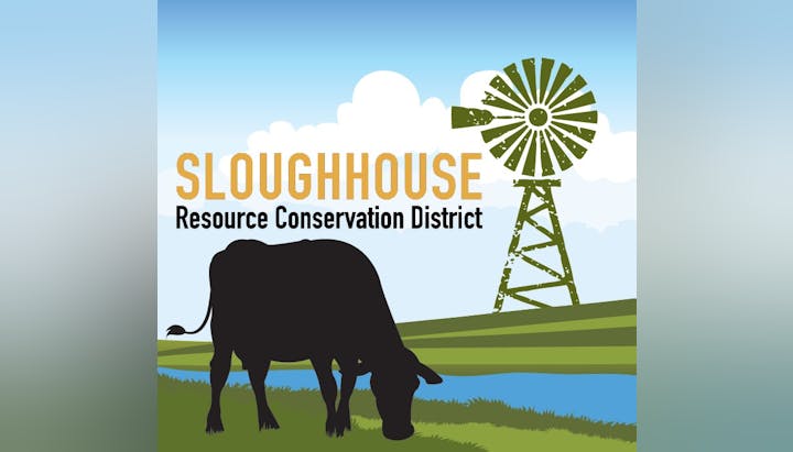 Silhouette of a cow, a windmill, landscape, and text: "Sloughhouse Resource Conservation District."