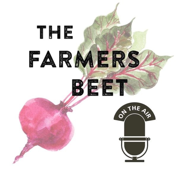 Illustration of a beet with text "The Farmers Beet" and a microphone labeled "On the Air."