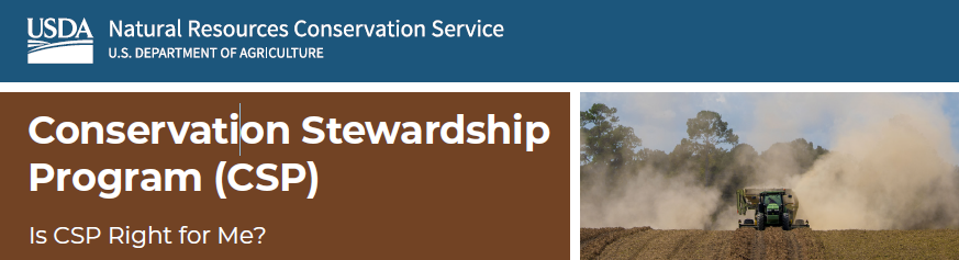 USDA Conservation Stewardship Program (CSP) info with a tractor in a field.