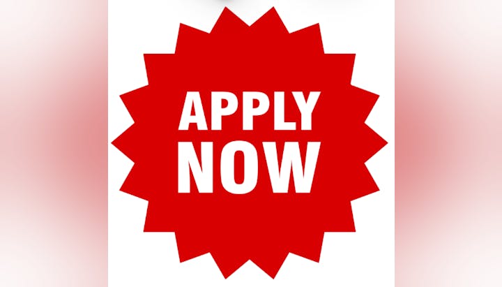 Red starburst with the text "APPLY NOW" in white.