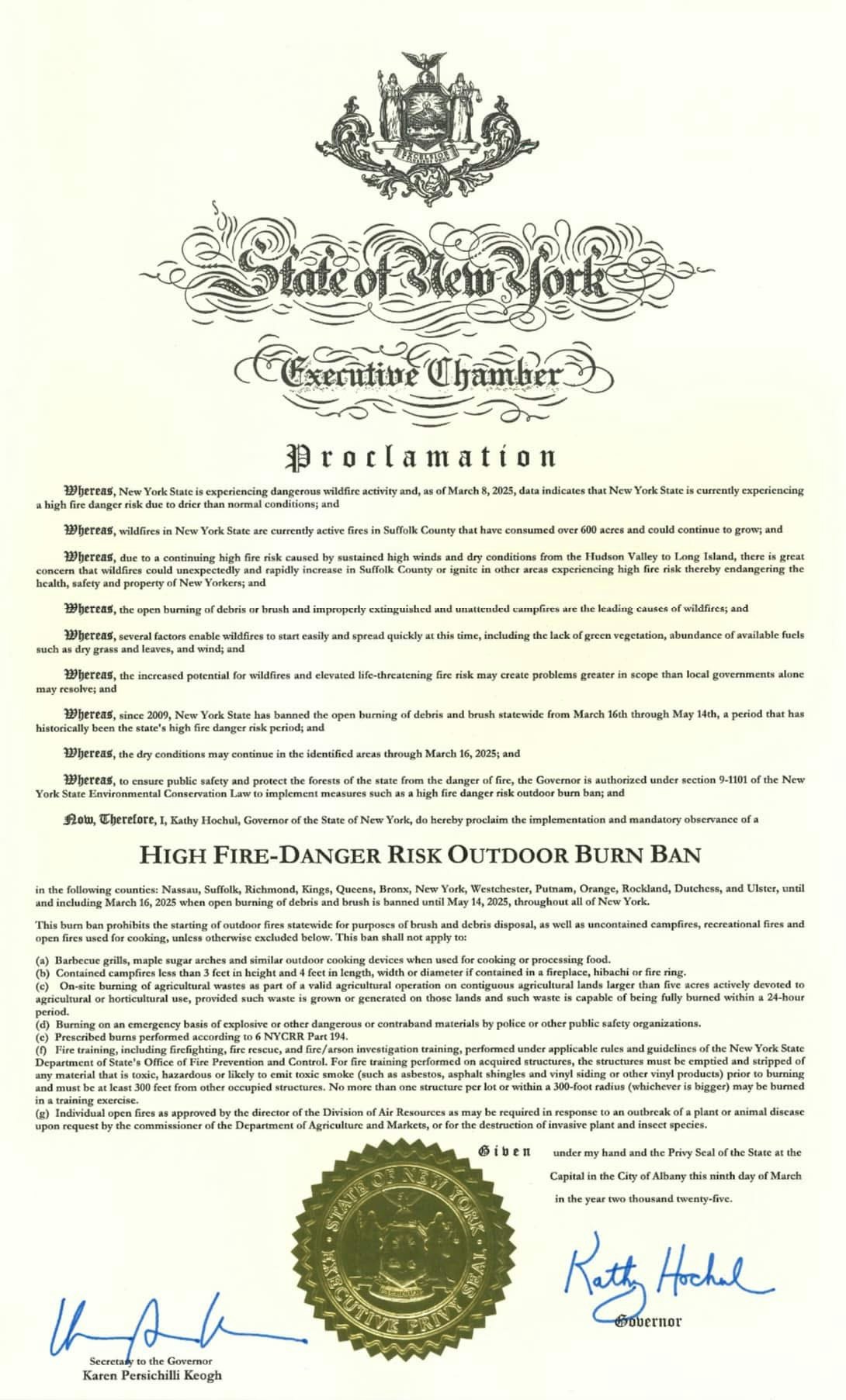 A proclamation from New York about a high fire-danger risk outdoor burn ban, effective March 16 to May 14, 2025, to prevent wildfires.