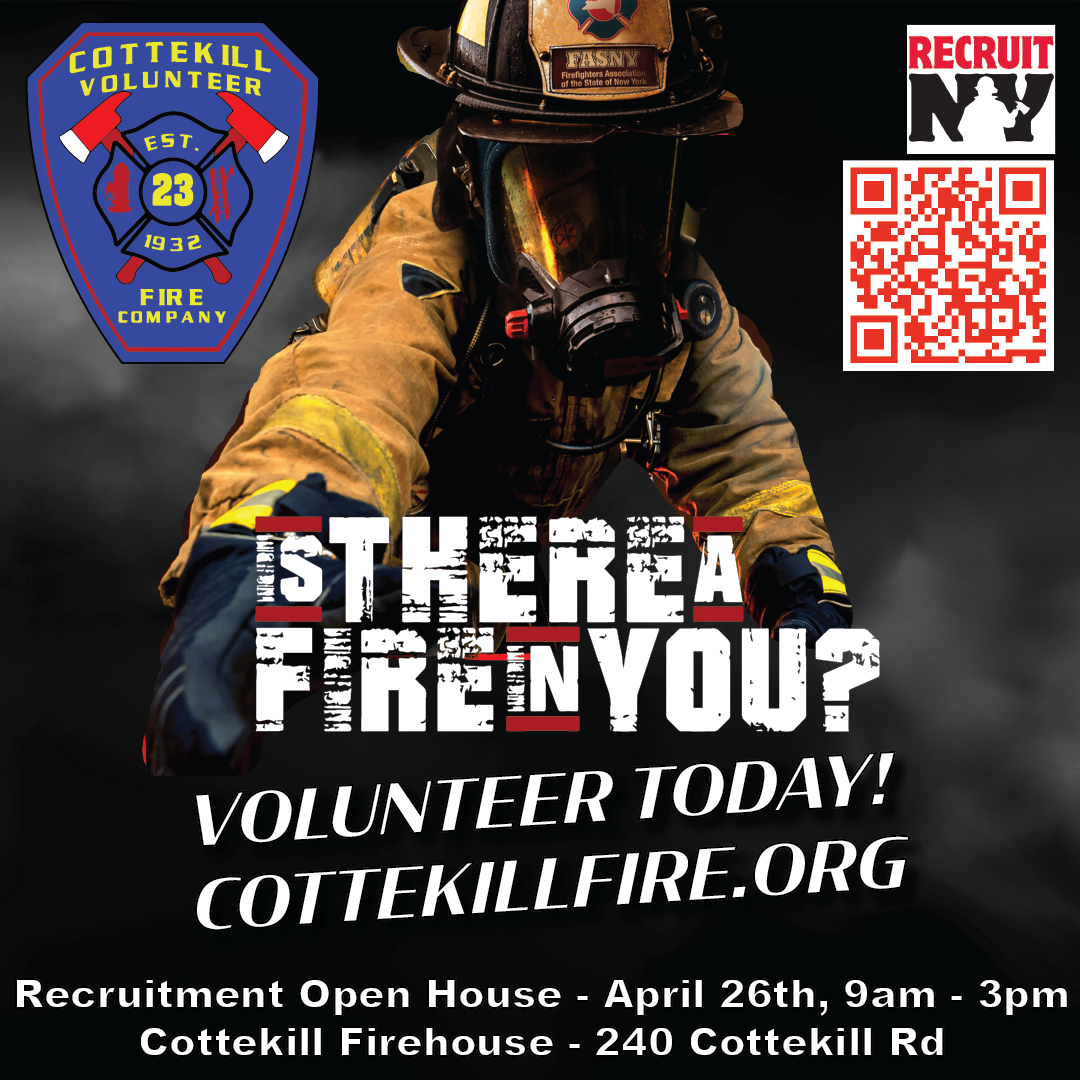 Firefighter in gear with Cottekill Volunteer Fire Company badge, recruitment event details, and QR code for volunteering.