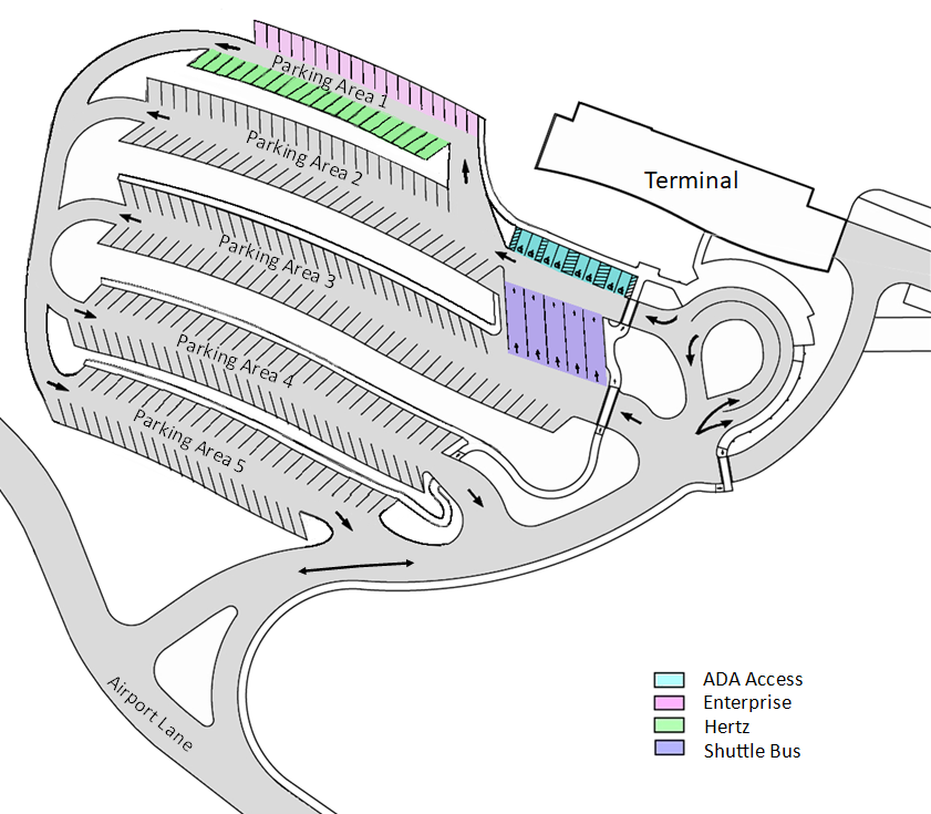 Airport parking map with areas for ADA, Enterprise, Hertz, shuttle bus, and terminal access.