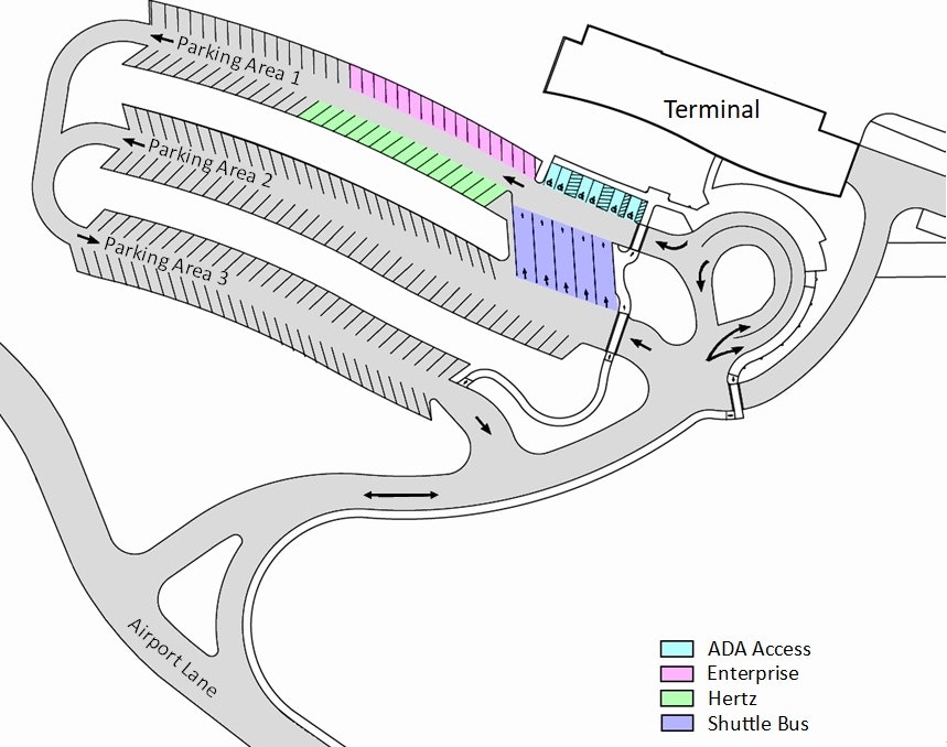 Airport parking layout showing ADA access, Enterprise, Hertz, and shuttle bus areas near terminal.