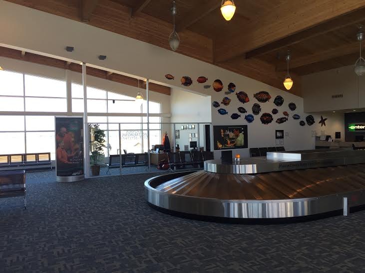 Airport lobby with a baggage carousel, seating areas, and decorative wall plates.