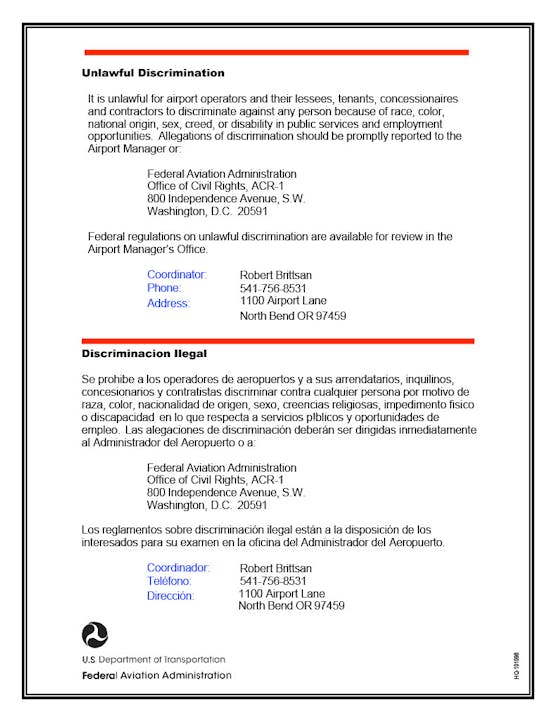 An FAA notice about unlawful discrimination with contact information for reporting.