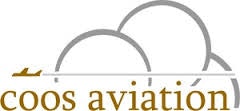 A logo with stylized clouds, a small airplane graphic, and the text "coos aviation".